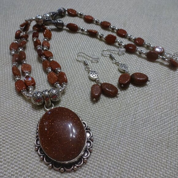 Beautiful GOLD SUNSTONE Sterling 925 Matching Necklace & Dangle Earrings #491C - Picture 2 of 4